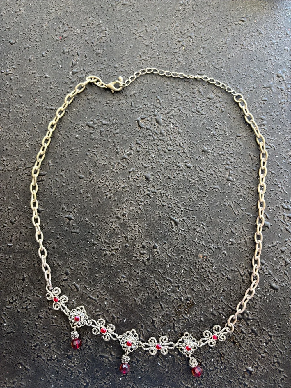 Vintage-Inspired Silver Necklace with Red Gem Accents